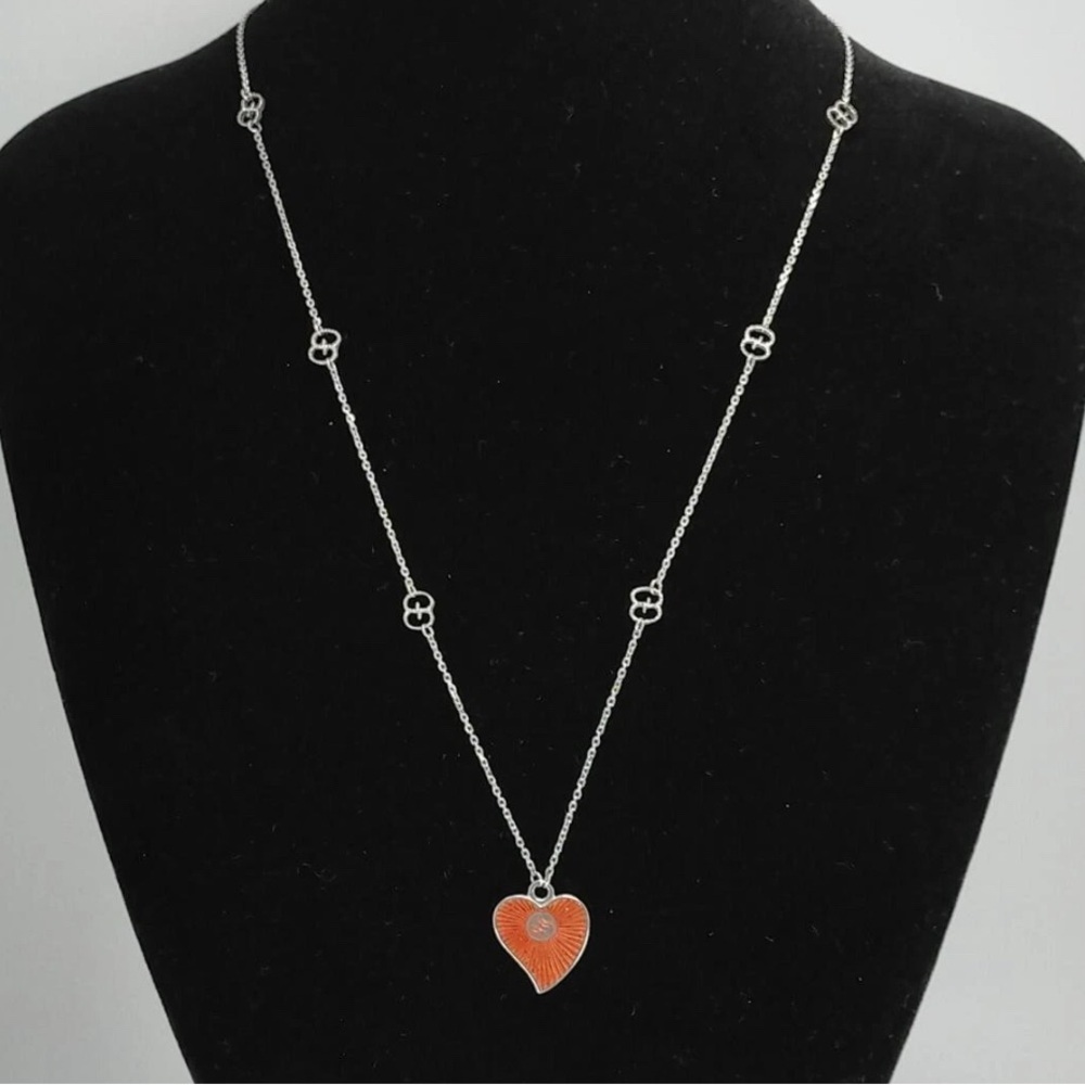 New Full Set Gucci Interlocking G Heart Necklace Silver Red Enamel Unisex - Picture 8 of 10